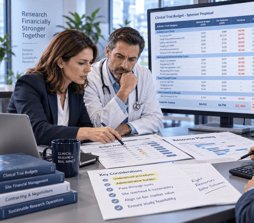 Physician reviewing medical research documents and patient records